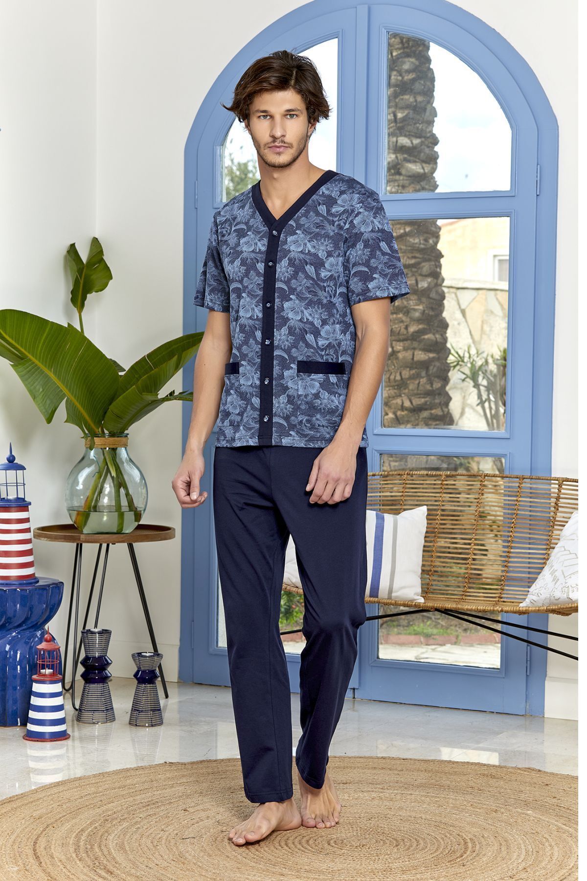 Cossy By Aqua-Aqua 23938 Men's Navy Blue Buttoned Front Pajama Set 1