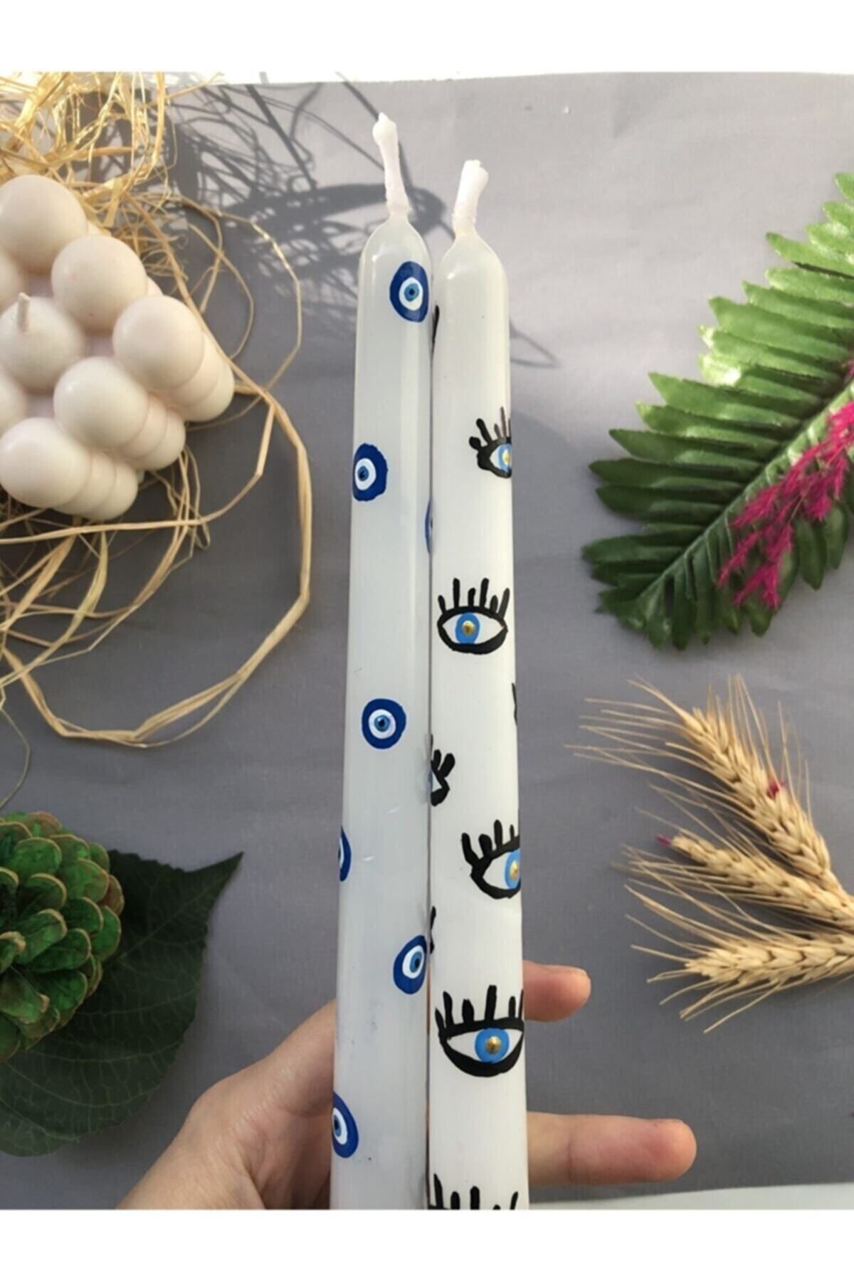 Saatistan El Çizimi Renkli Nazar Boncuklu Soya Wax Şamdan Seti