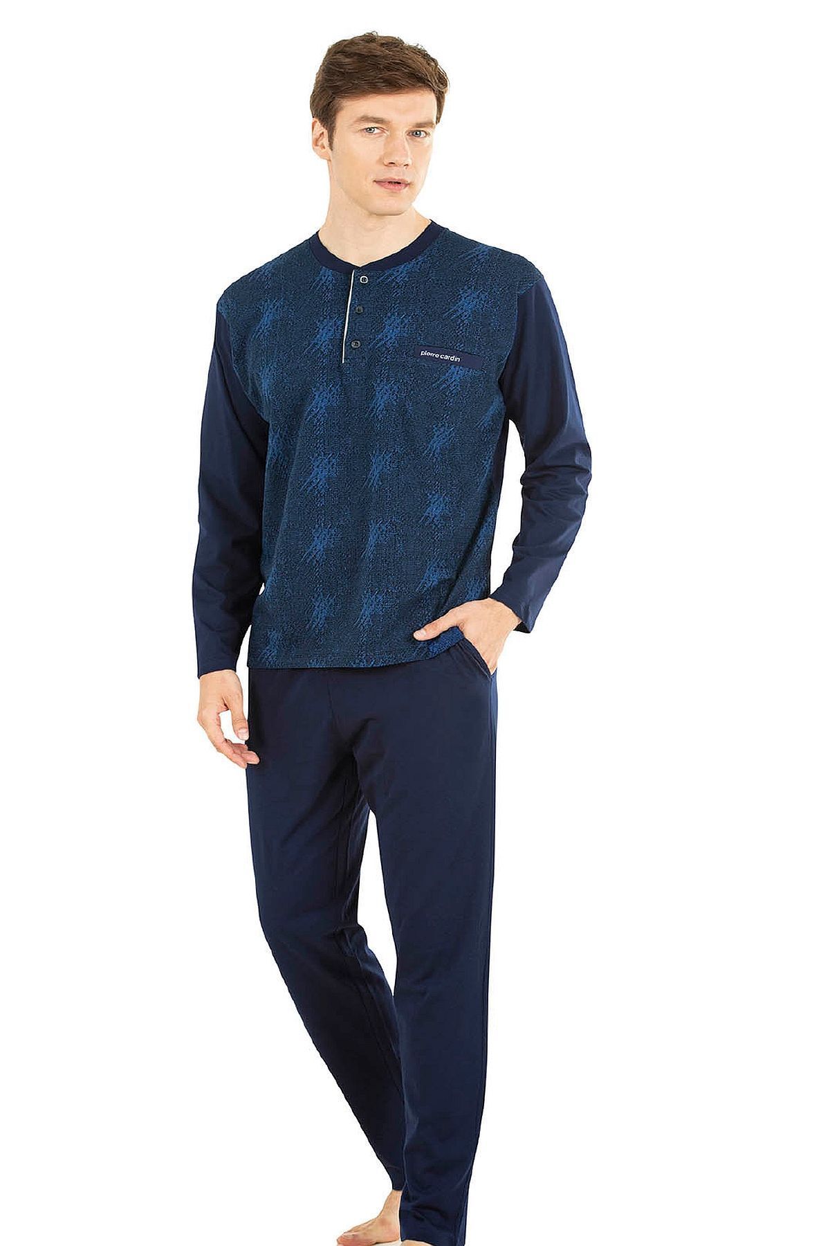 ست پیژامه آبی مردانه لباس خواب آستین بلند ژاکارد 6027 Pierre Cardin