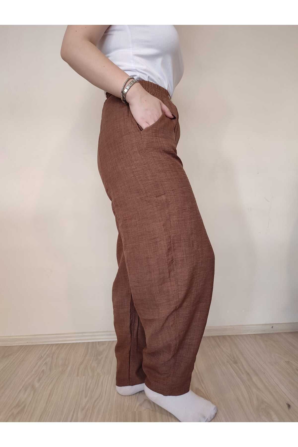 enmodaiçgiyim-High Waist Linen Women's Trousers - Dark Brown Shalwar 4