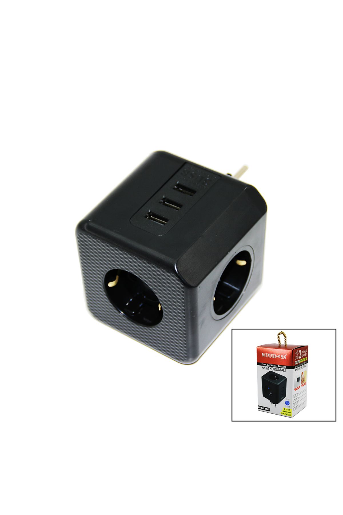 Lunaross TERMAL AKIM KORUMALI  3X PRİZ 3X USB DUVAR TİPİ PRİZ SİYAH 10A - 2500W (4914)