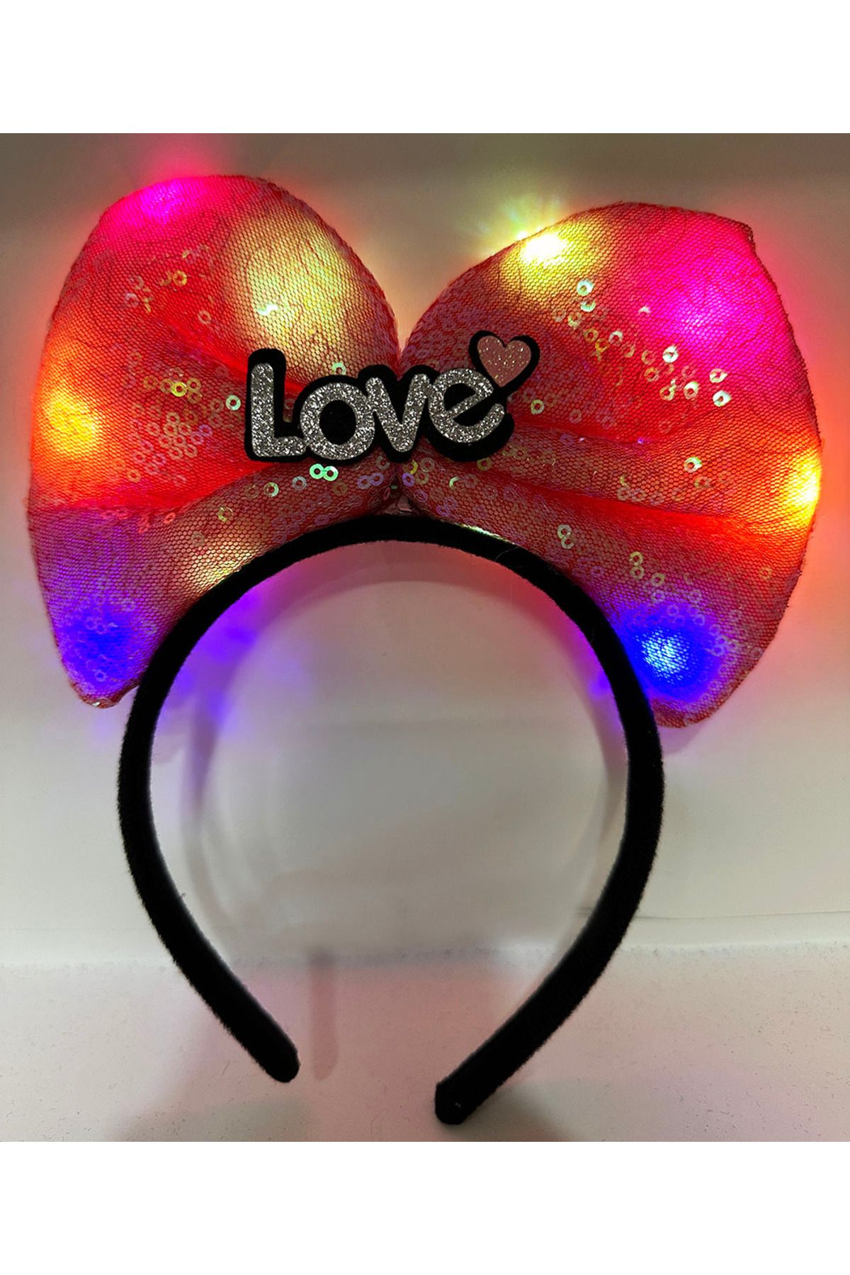 OEM Led Işıklı 3 Farklı Fonksiyonda Yanan Gümüş Love Yazılı Fuşya Pembe Fiyonk Taç 20X17 cm (5024)