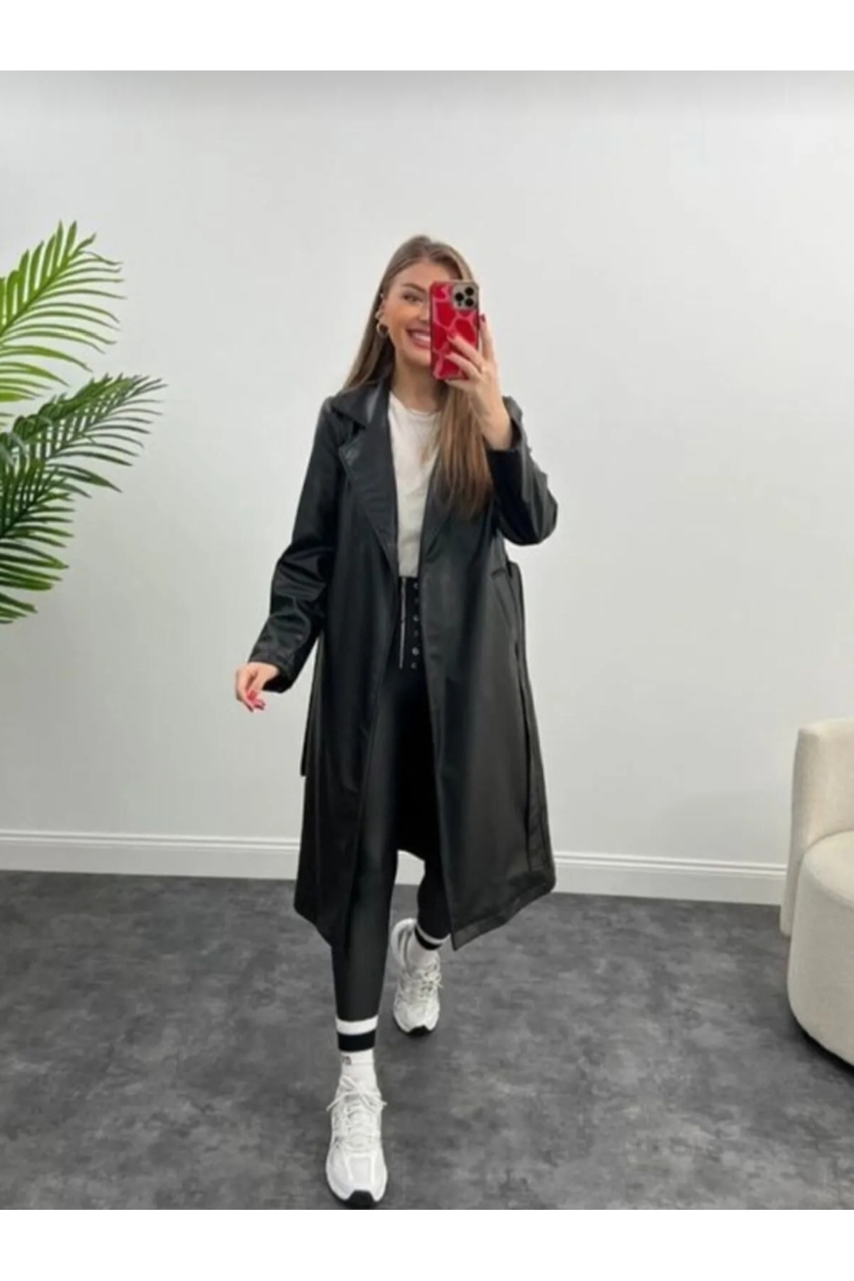 Masal Μακριά δερμάτινη καμπαρντίνα με τσέπες