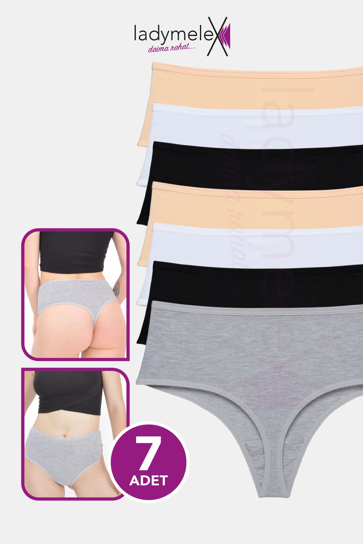 LadyMelex-Tanga de damă cu talie înaltă - pachet de 7 (M-L-XL) negru alb piele gri 1