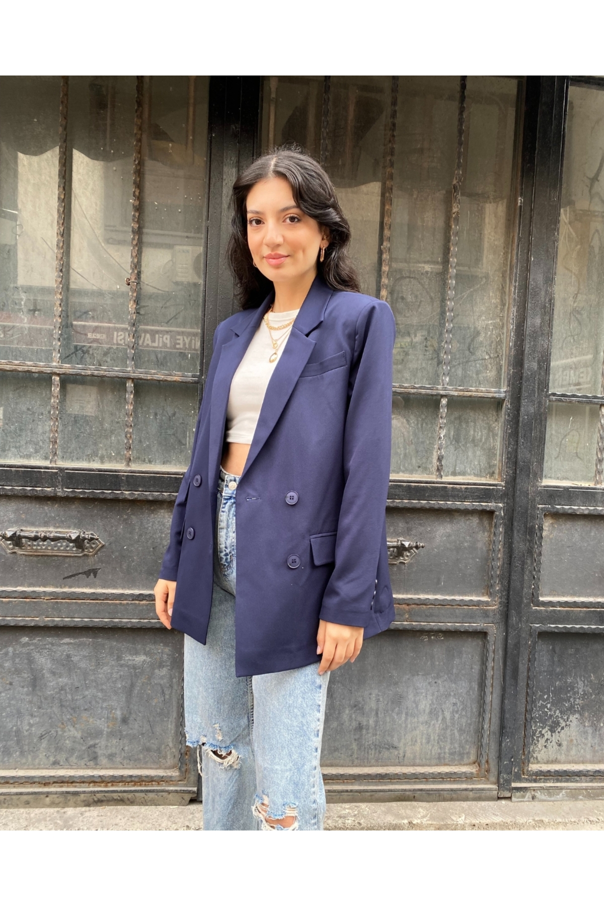 Kadın Lacivert Kruvaze Oversize Blazer Ceket Düğme Detaylı