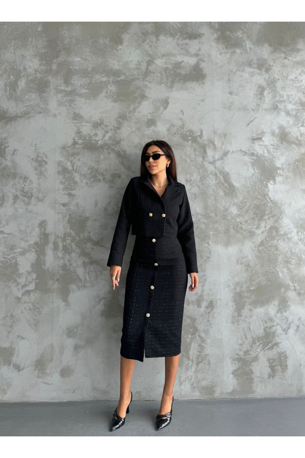 【未使用】THE TOE Peckham Jacket + Skirt Maxi modena Black Tuvet Skirt Jacket - Glitter Gold Button Detail