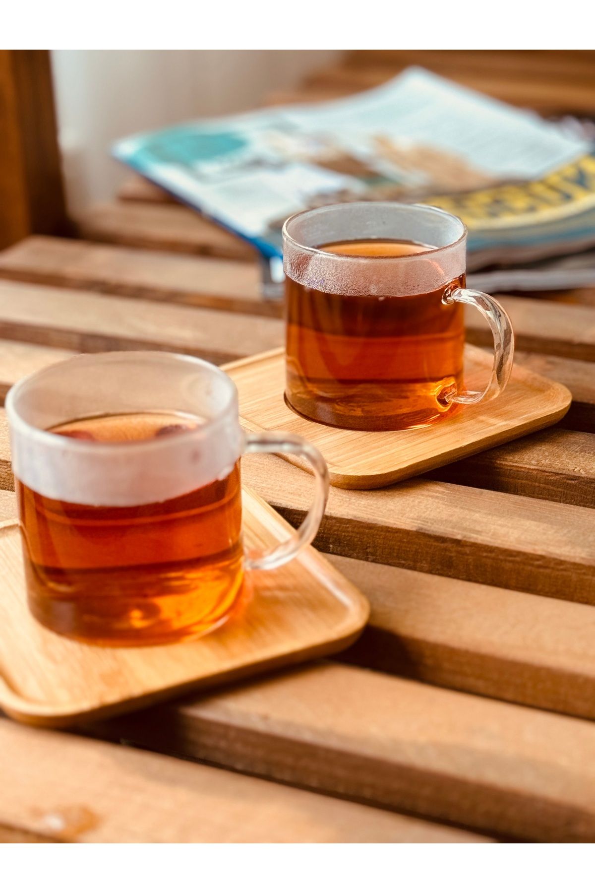 ECO KİTCHEN-2-Piece Glass Tea Cup Set Borasilicate Bamboo Plate 4