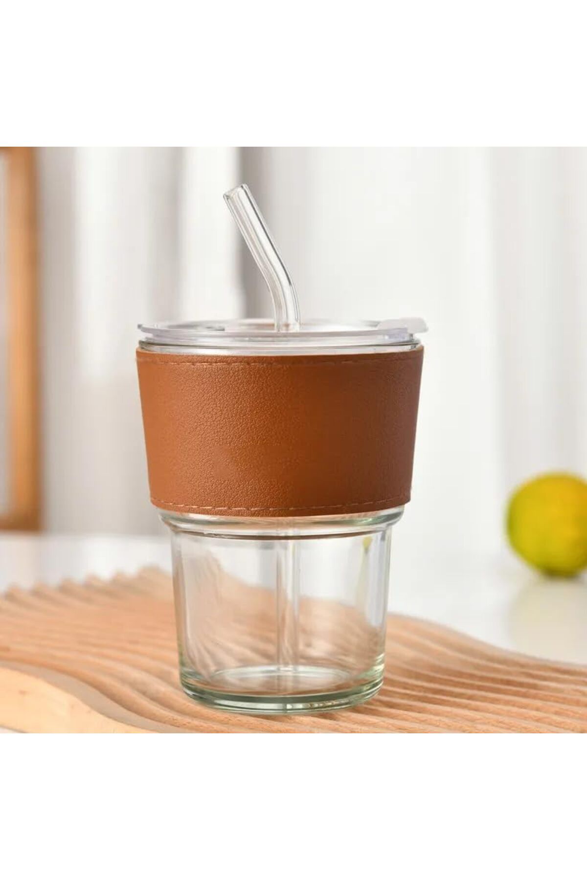 STOREMAX cmllashop TOPTAN Deri Şeritli Pipetli, Kapaklı, Cam Kahve Sunum Bardağı Kapaklı Taşınabilir B