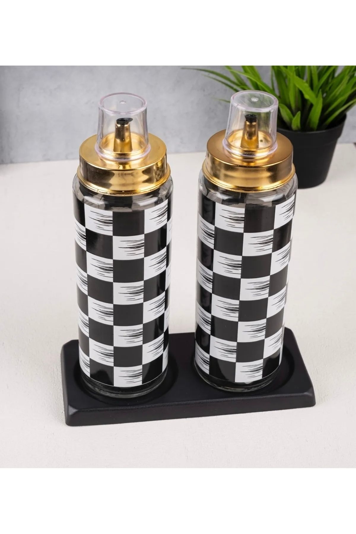 Kitchen Pembelia-2-Piece Checkerboard Patterned Black Metal Stand Gold Lid Oil Pot Set 4