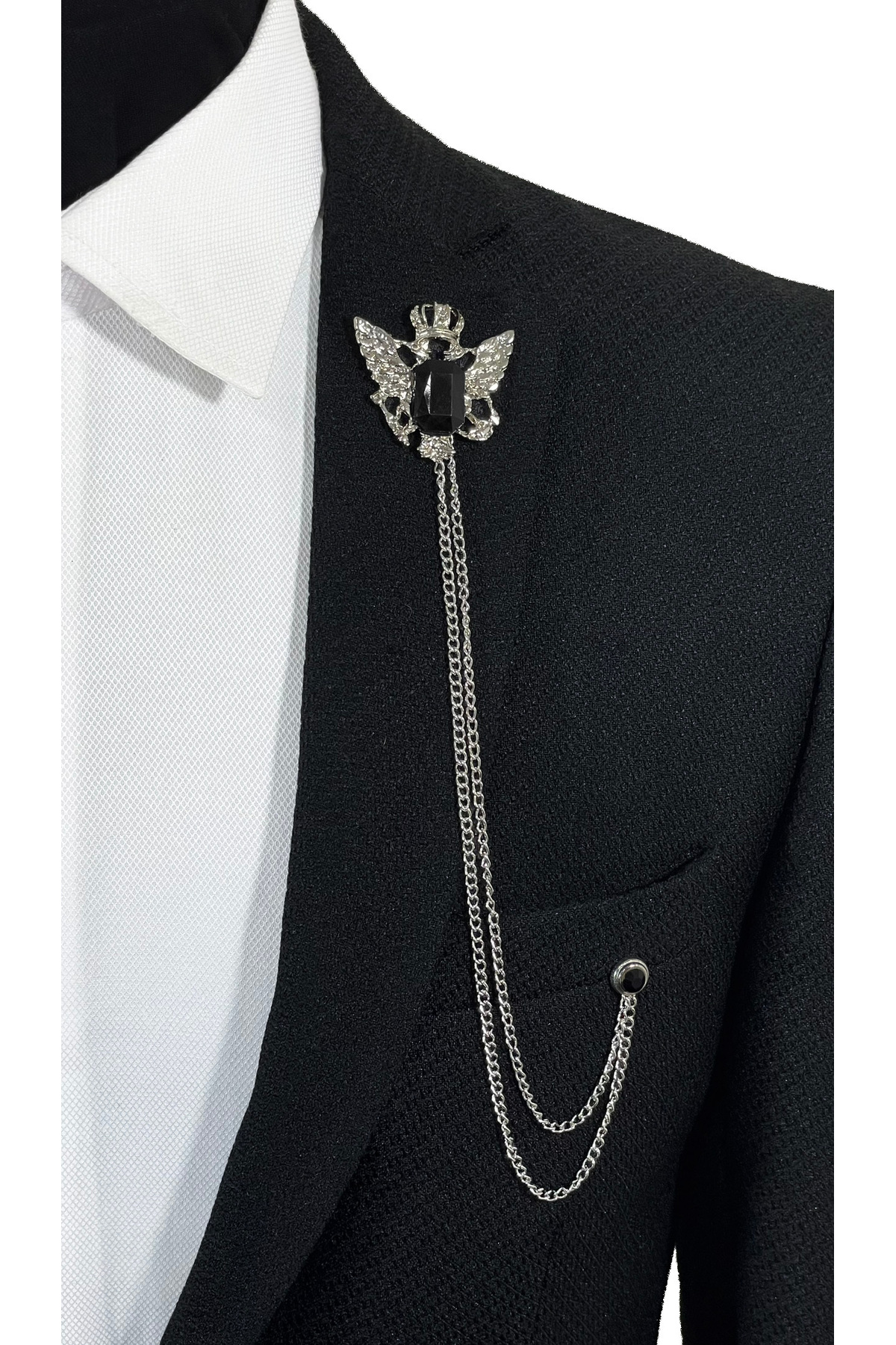  سنجاق یقه کت نقره‌ای رنگی سری پریمیوم با سنگ‌های مشکی، سنجاق سینه زنجیر یقه