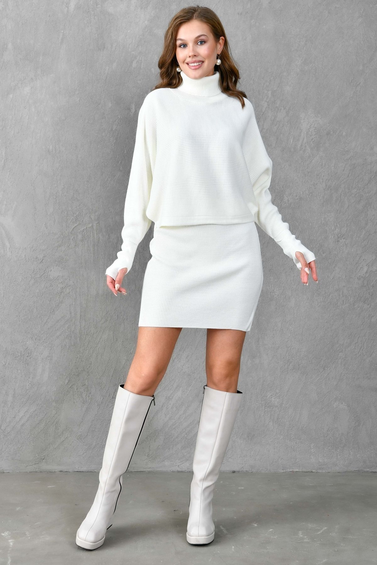 4S1B FASHION-Turtleneck Knitwear Sweater and High Waist Skirt - Hand and Sleeve Design, Ecru 075 5