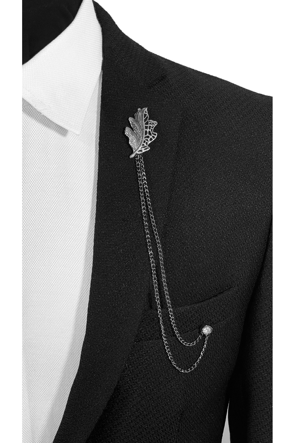  سنجاق سینه زنجیری یقه برگردان طرح برگ سری پریمیوم به رنگ نقره‌ای تیره و خاکستری