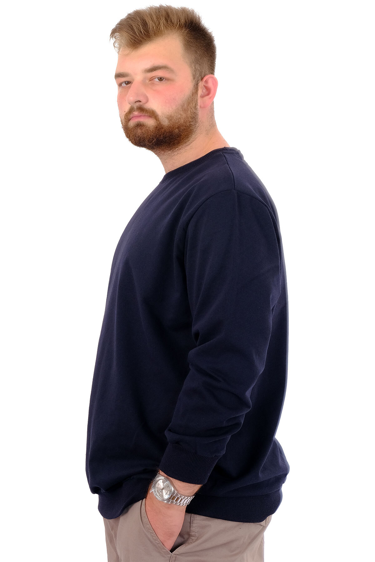 ModeXL Mode XL Büyük Beden Erkek Basic Sweatshirt Bisiklet Yaka Recycle B24529 Lacivert görsel 2