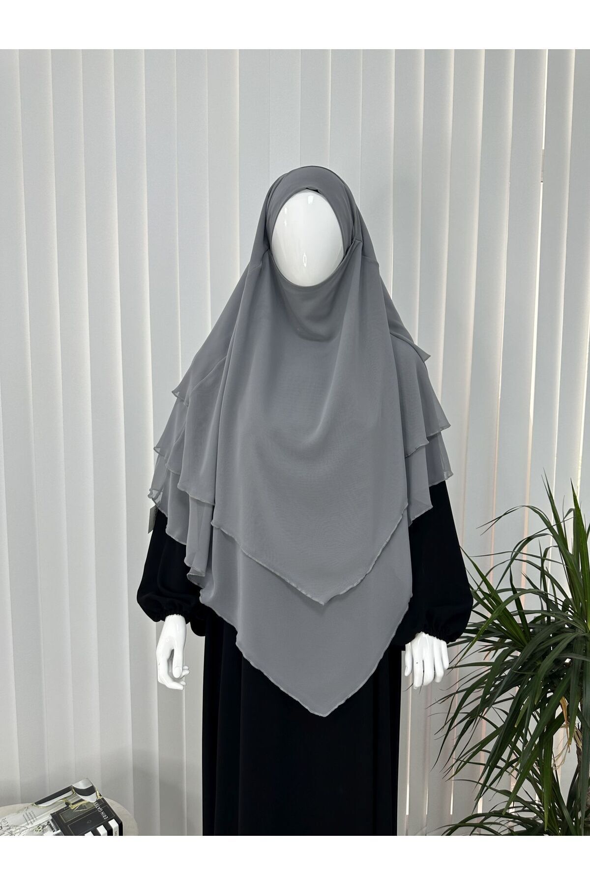 erasra class-Gray Colored Three-Layer Multi-Siphon Souffle Scarf - Kimar Ready, Lace-Up, Veil 1