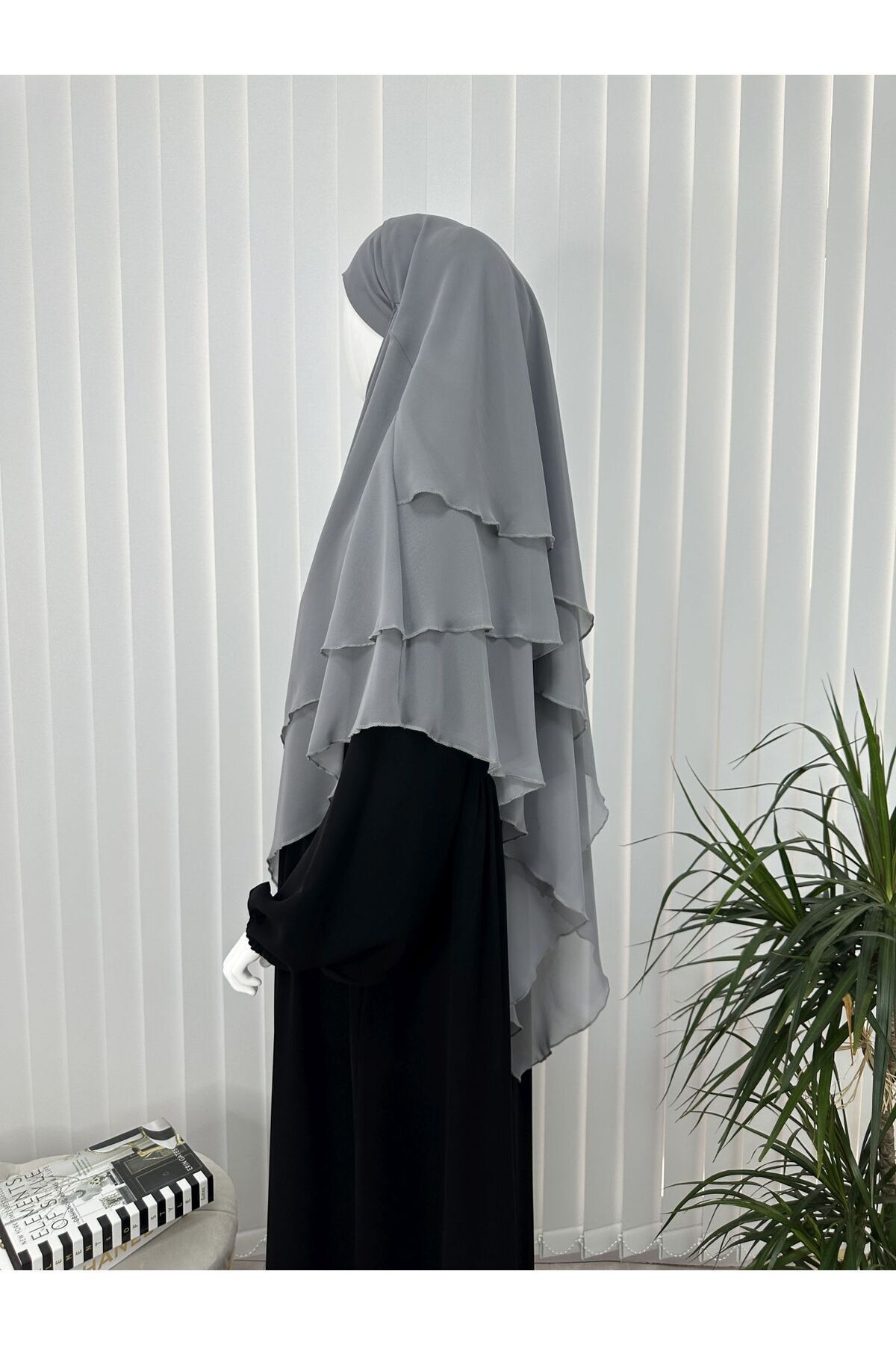 erasra class-Gray Colored Three-Layer Multi-Siphon Souffle Scarf - Kimar Ready, Lace-Up, Veil 3