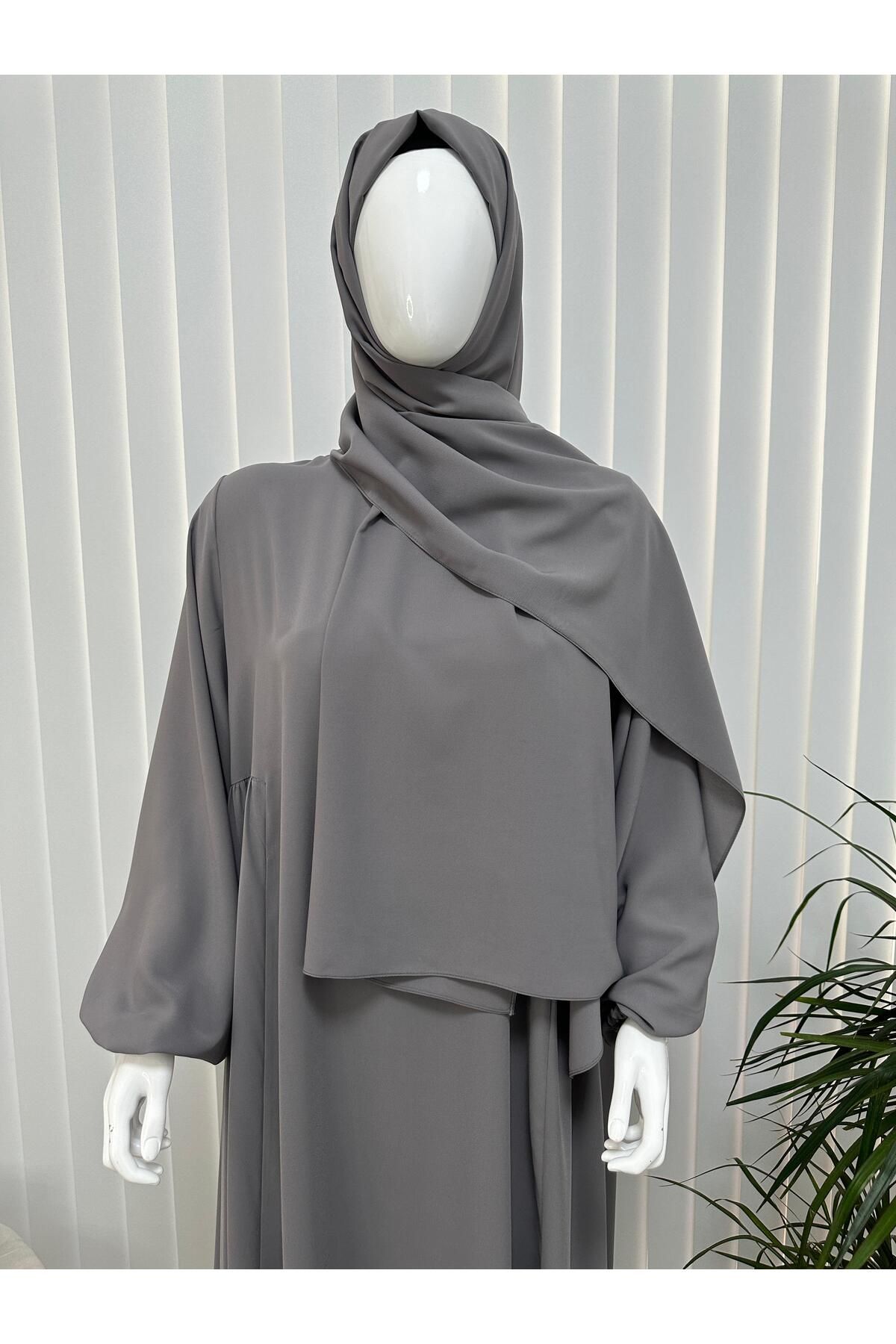 erasra class-Culoare gri cu șal - Set de rochii Hijab Side Gather Jilbab, Abaya, Hijab (Pentru Hac și Umrah) 3