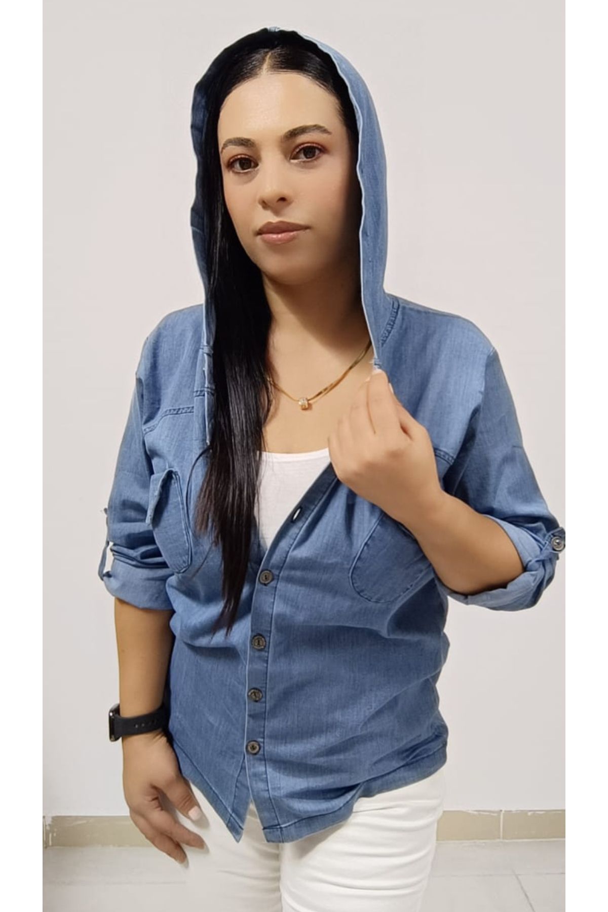 AKŞEN GİYİM-MĂRIME MARE ȚESĂ DE DENIM DE SUBȚIUNE DENIM MÂNECĂ PLIABLE CU MÂNECĂ CU DOUĂ BUZUETE JACKET DE JEAN Cămașă 4