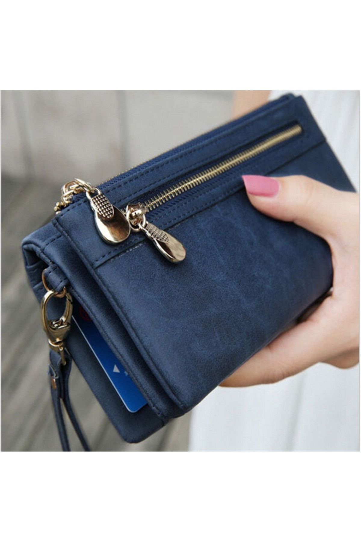 rinkadoll-Navy Blue Soft Leather Useful Wallet with Bracelet New Season 1