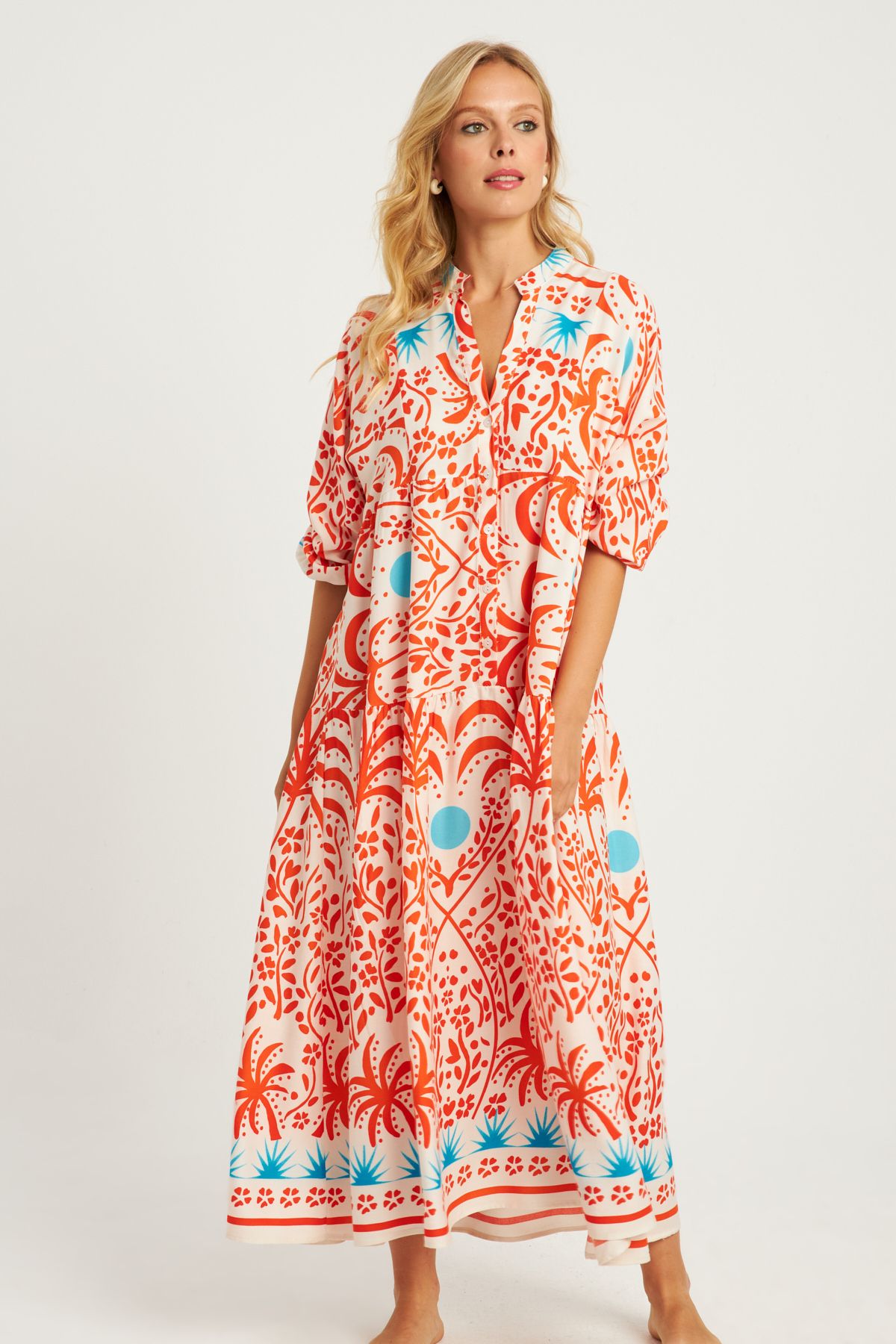 Cool & Modest-Ecru Orange Patterned Women's Midi Dress - Mgç169 2