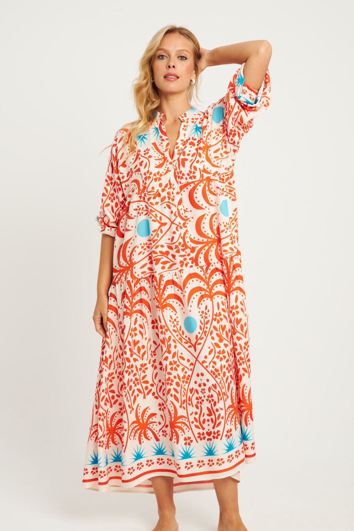 Cool & Modest-Ecru Orange Patterned Women's Midi Dress - Mgç169 3
