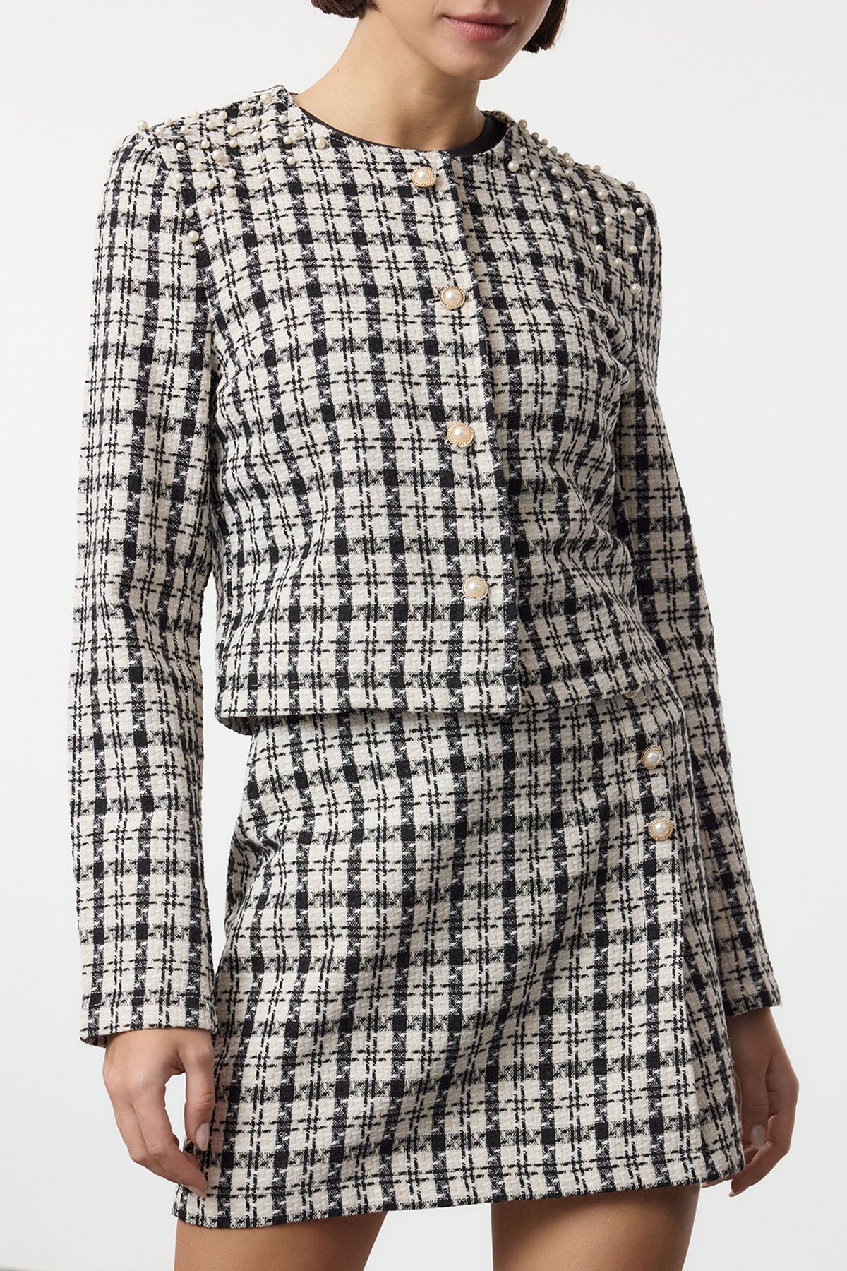 Edit by Trendyol-Fekete kockás mintás tweed szőtt dzseki TEDAW25CE00008 2