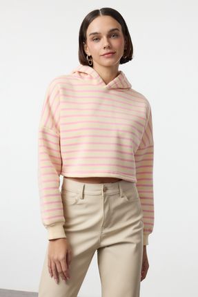 TRENDYOLMİLLA Pembe Çizgili Kapüşonlu Regular/Normal Kalıp Örme Sweatshirt TWOAW25SW00289