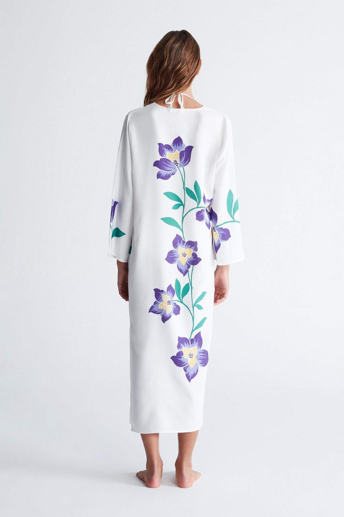 Peraluna-White Floral Patterned V-Neck Midi Caftan - Split Petunia Women's Caftan 8