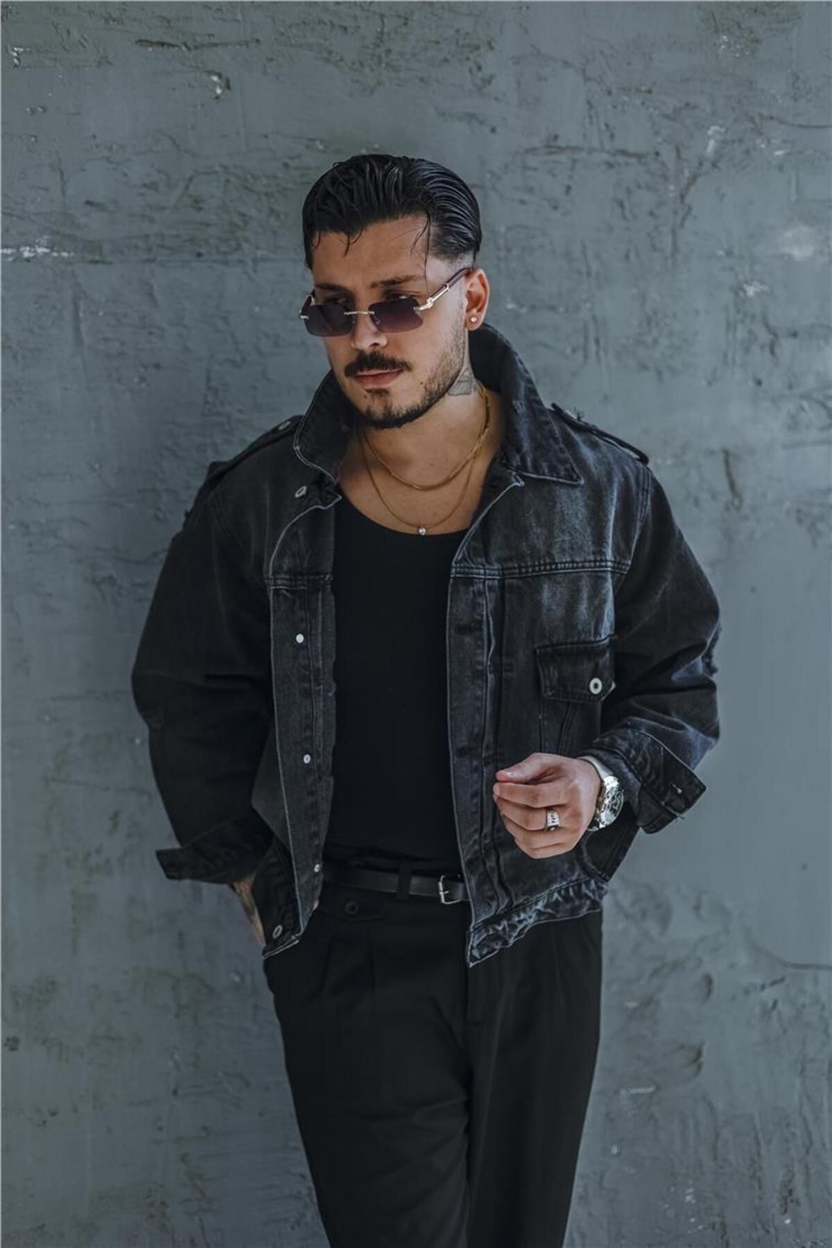 OUTFİT MAN-Men's Oversize Black Denim Jacket - Washed Street Design 6