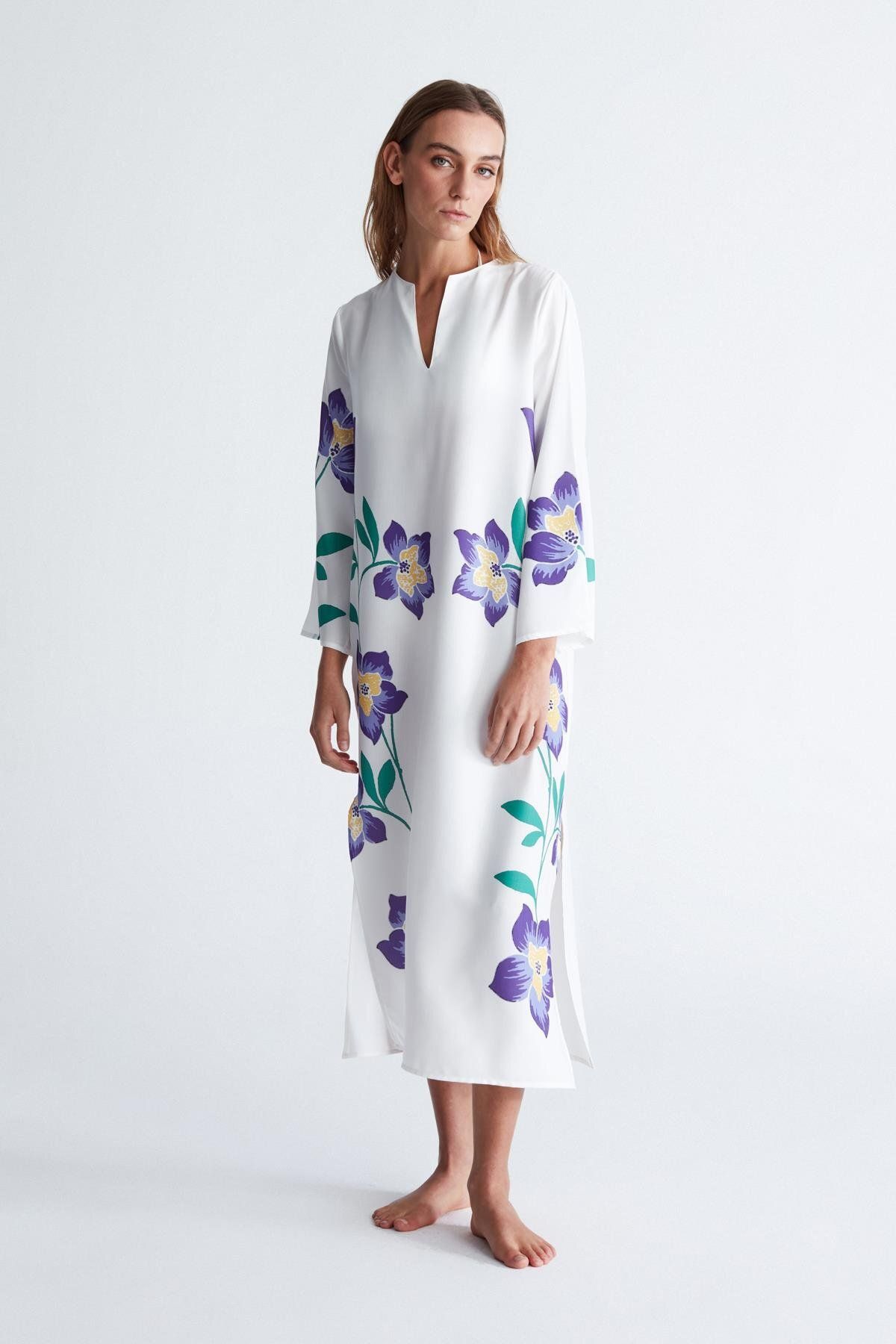 Peraluna-White Floral Patterned V-Neck Midi Caftan - Split Petunia Women's Caftan 4