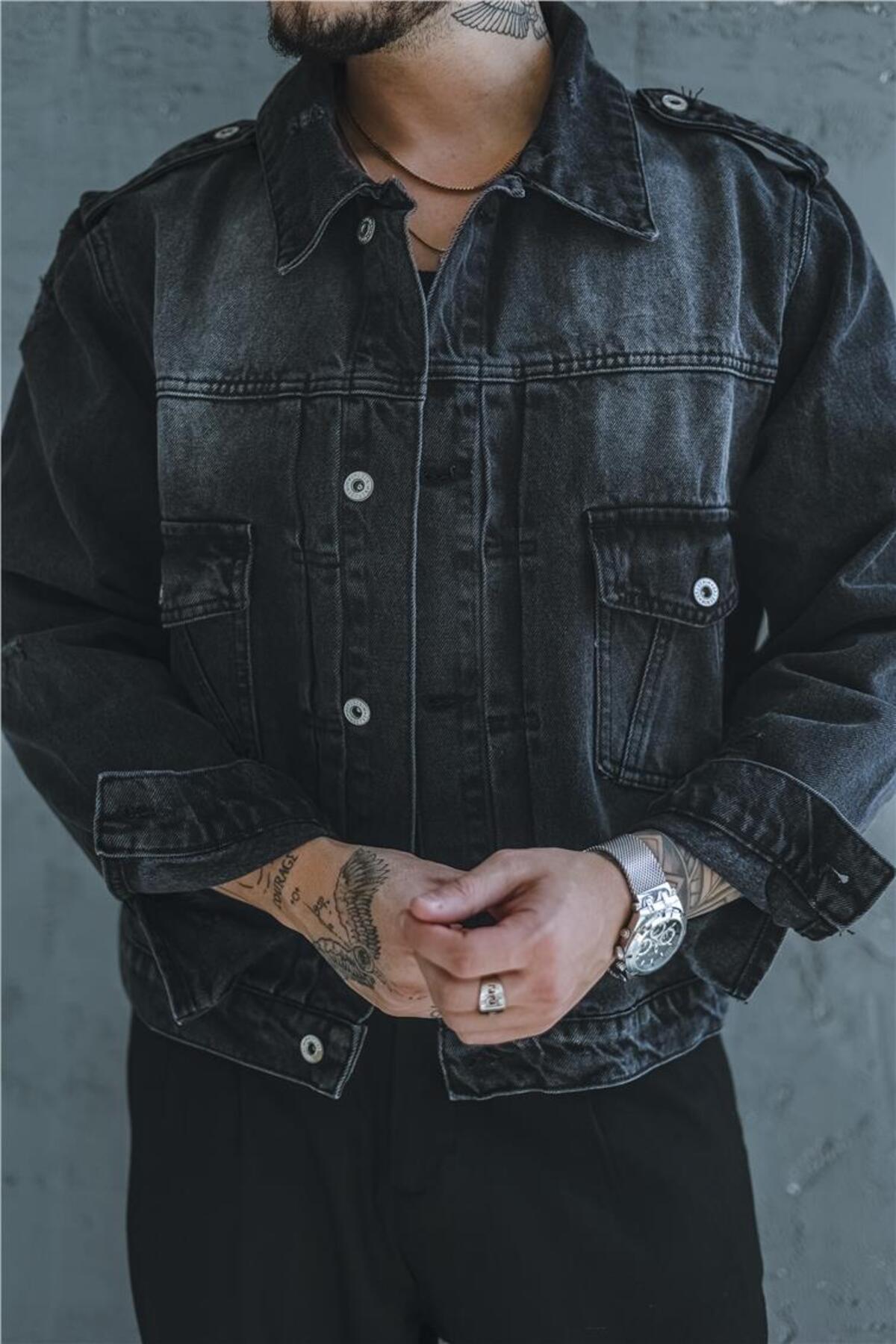 OUTFİT MAN-Men's Oversize Black Denim Jacket - Washed Street Design 4