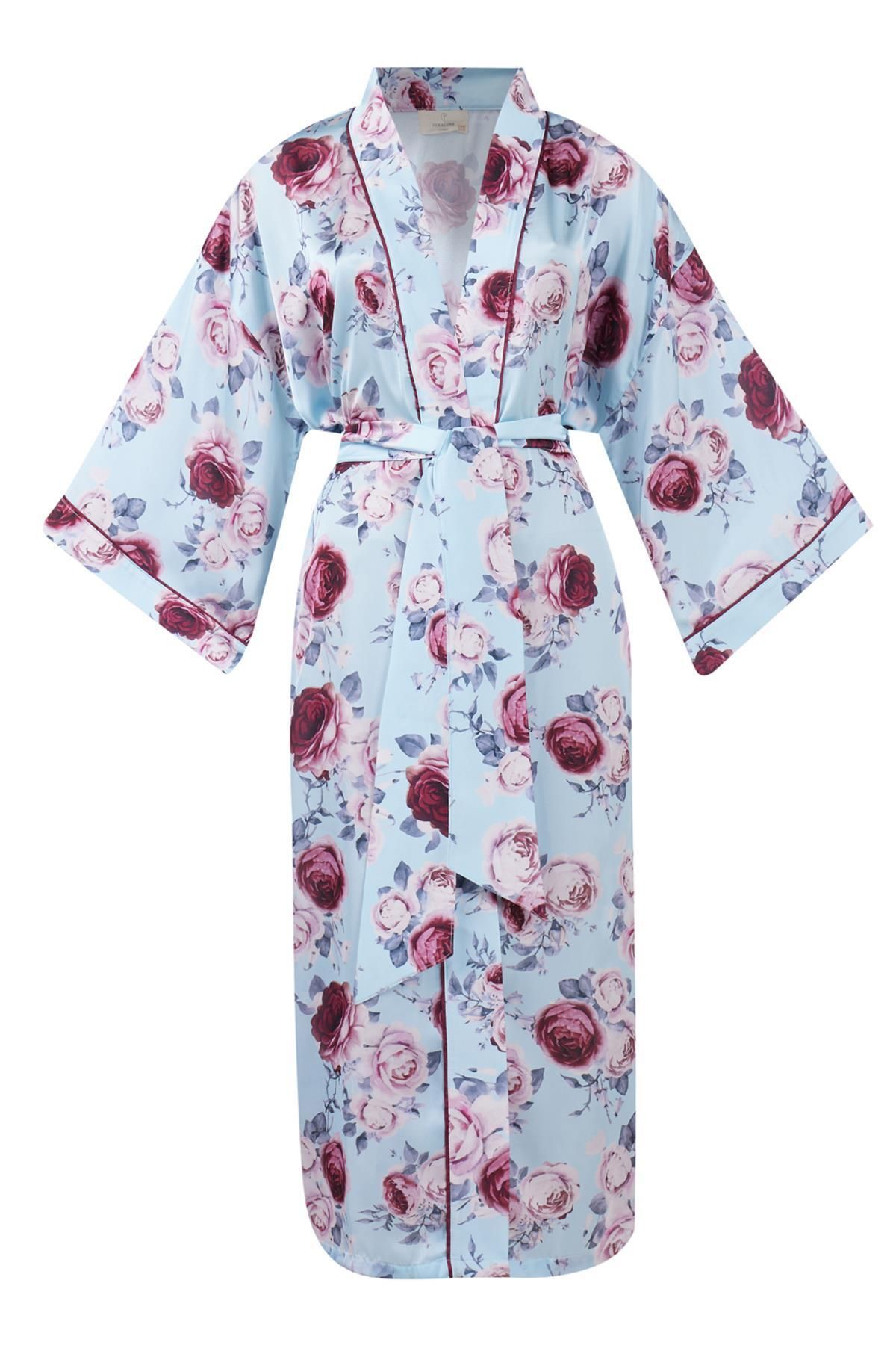 Peraluna-Kimono lung pentru femei din satin cu imprimeu rozmarin turcoaz - Kimono 8