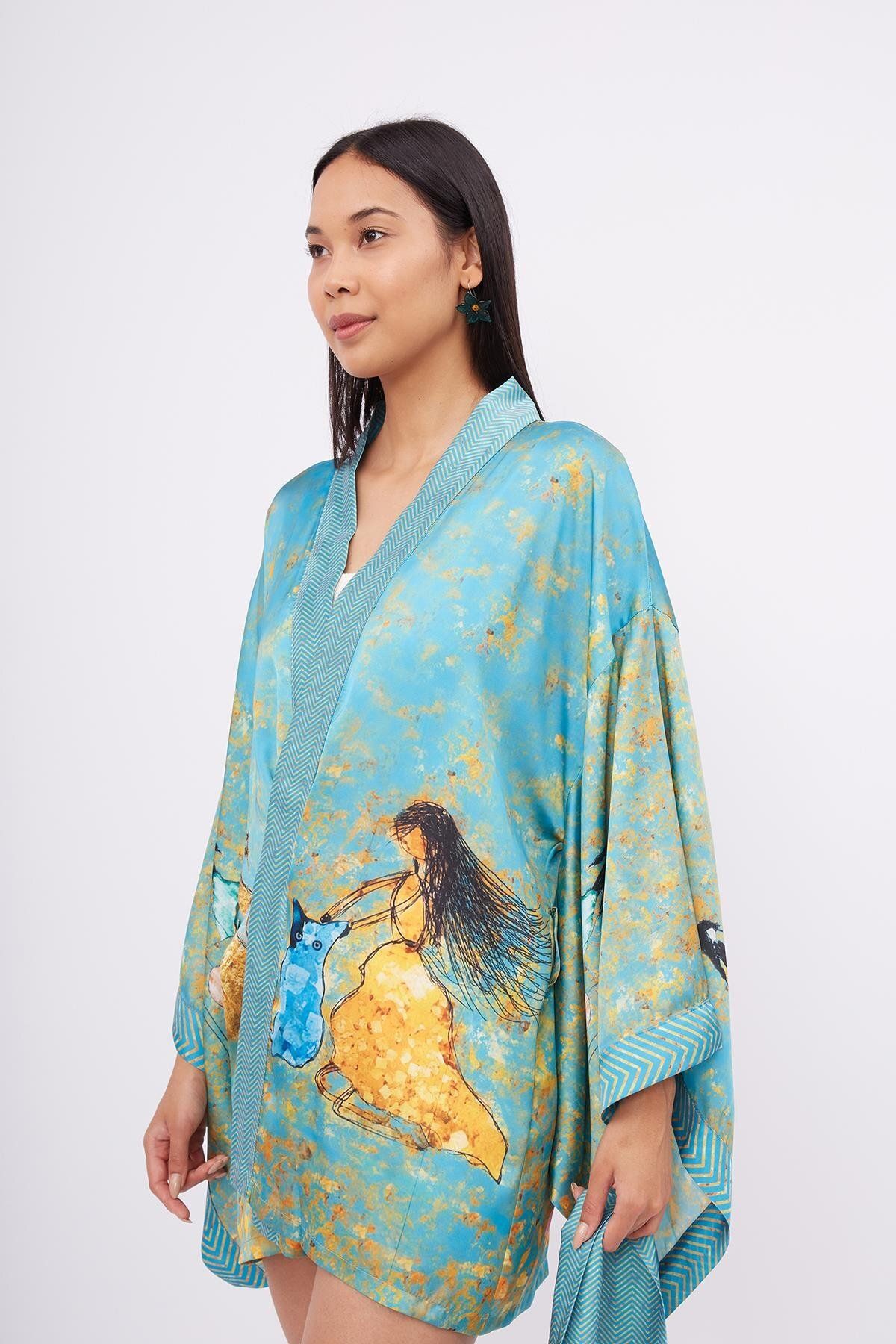 Peraluna-Turquoise Joy Short Kimono Printed Satin Women's Kimono 7