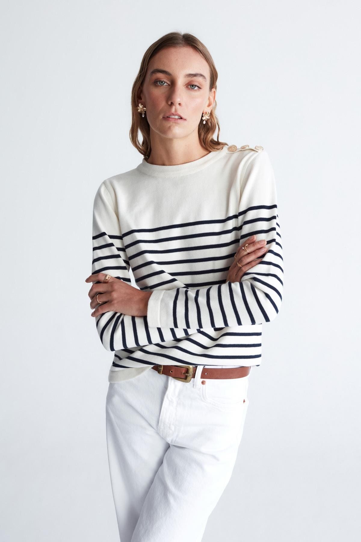 Peraluna-Styleboom X Audrey Pullover Shoulder Buttoned Striped Organic Cotton Seasonal Women's Knitwear Sweater 1