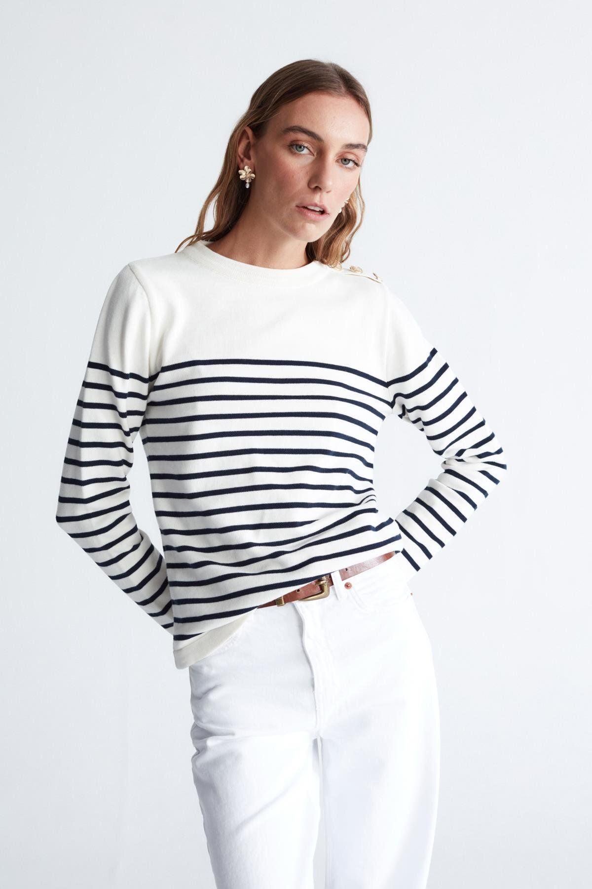 Peraluna-Styleboom X Audrey Pullover Shoulder Buttoned Striped Organic Cotton Seasonal Women's Knitwear Sweater 3