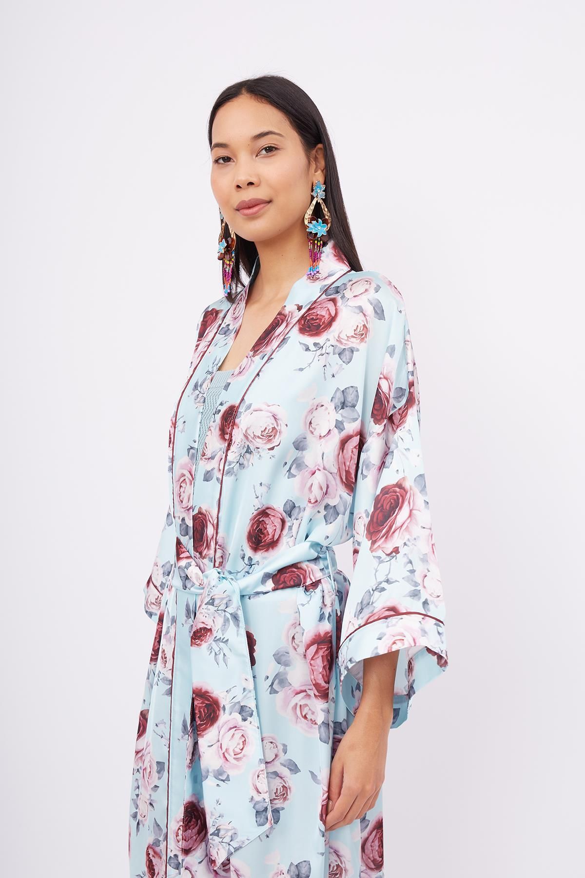 Peraluna-Kimono lung pentru femei din satin cu imprimeu rozmarin turcoaz - Kimono 5