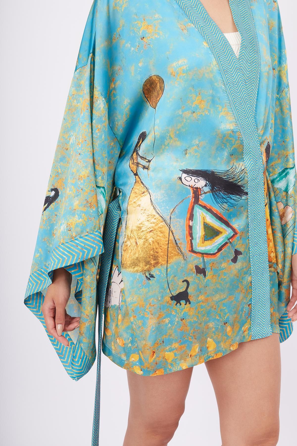 Peraluna-Turquoise Joy Short Kimono Printed Satin Women's Kimono 3