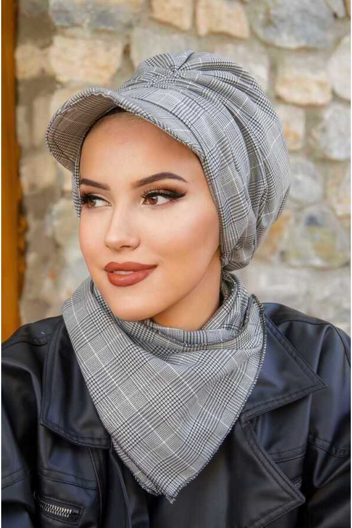 Aişe tesettür-Gray Plaid Shirred Hijab Hat 4