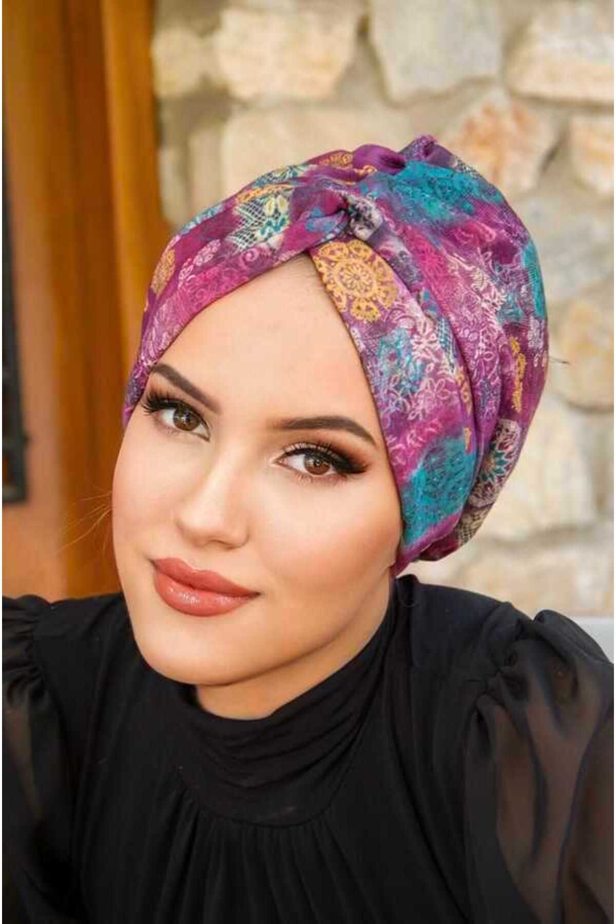 Aişe tesettür-Plum Ethnic Ready Twisted Knot Bonnet 2