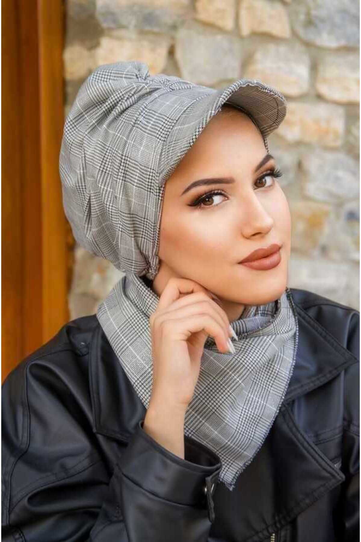 Aişe tesettür-Gray Plaid Shirred Hijab Hat 3