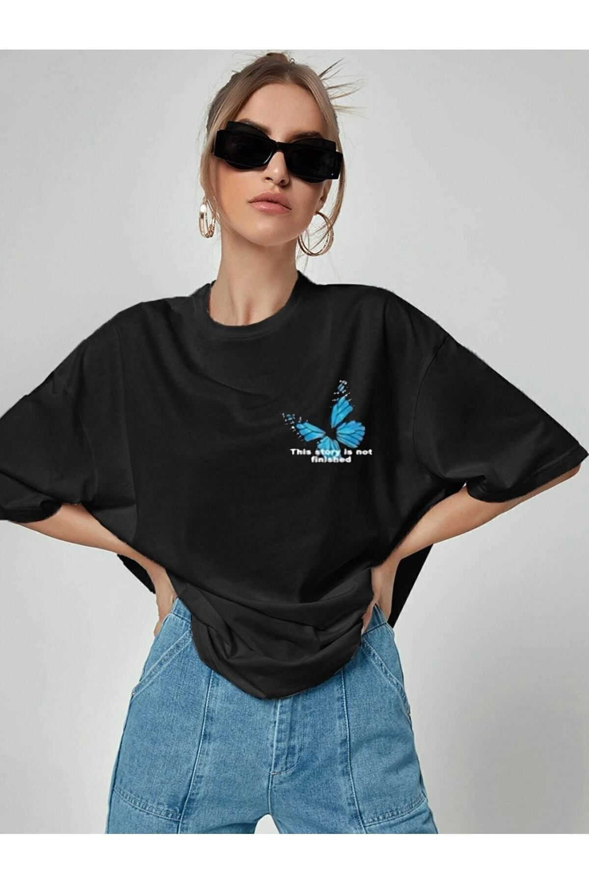 New Shine Kadın Kelebek Baskılı Siyah Oversize T-shirt