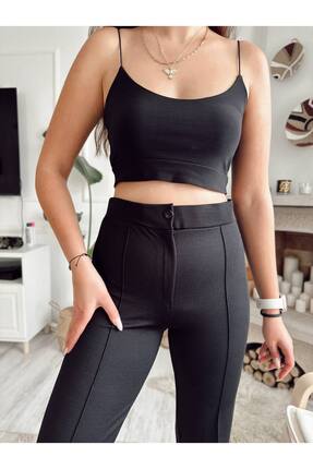 Nevruz Kadın Siyah Krep Kumaş Ekstra Yüksek Bel Likralı Ön Çimalı Ispanyol Pa...