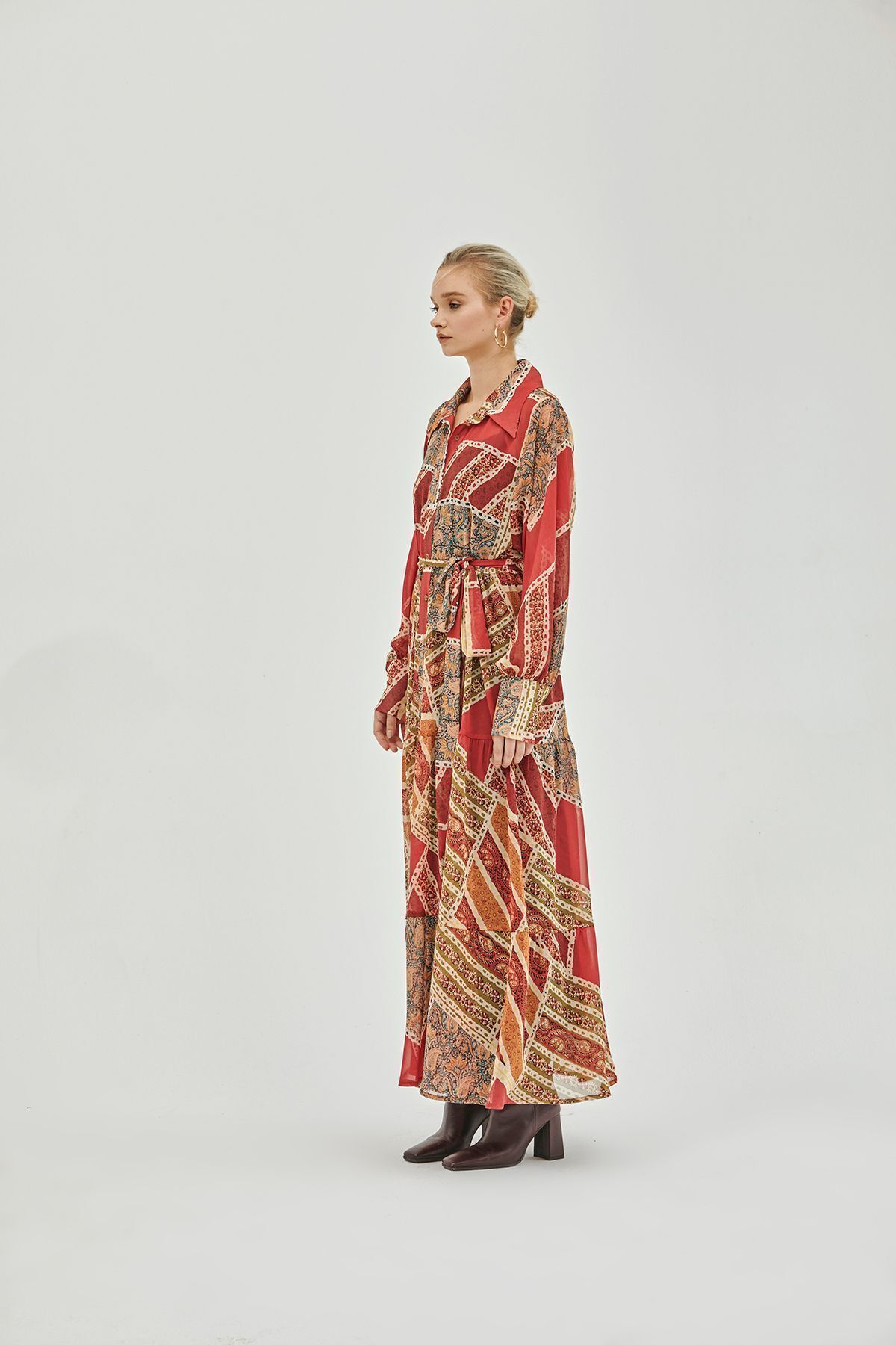 Pilea-My Elina Patch Print Front Button Belted Chiffon Dress 4