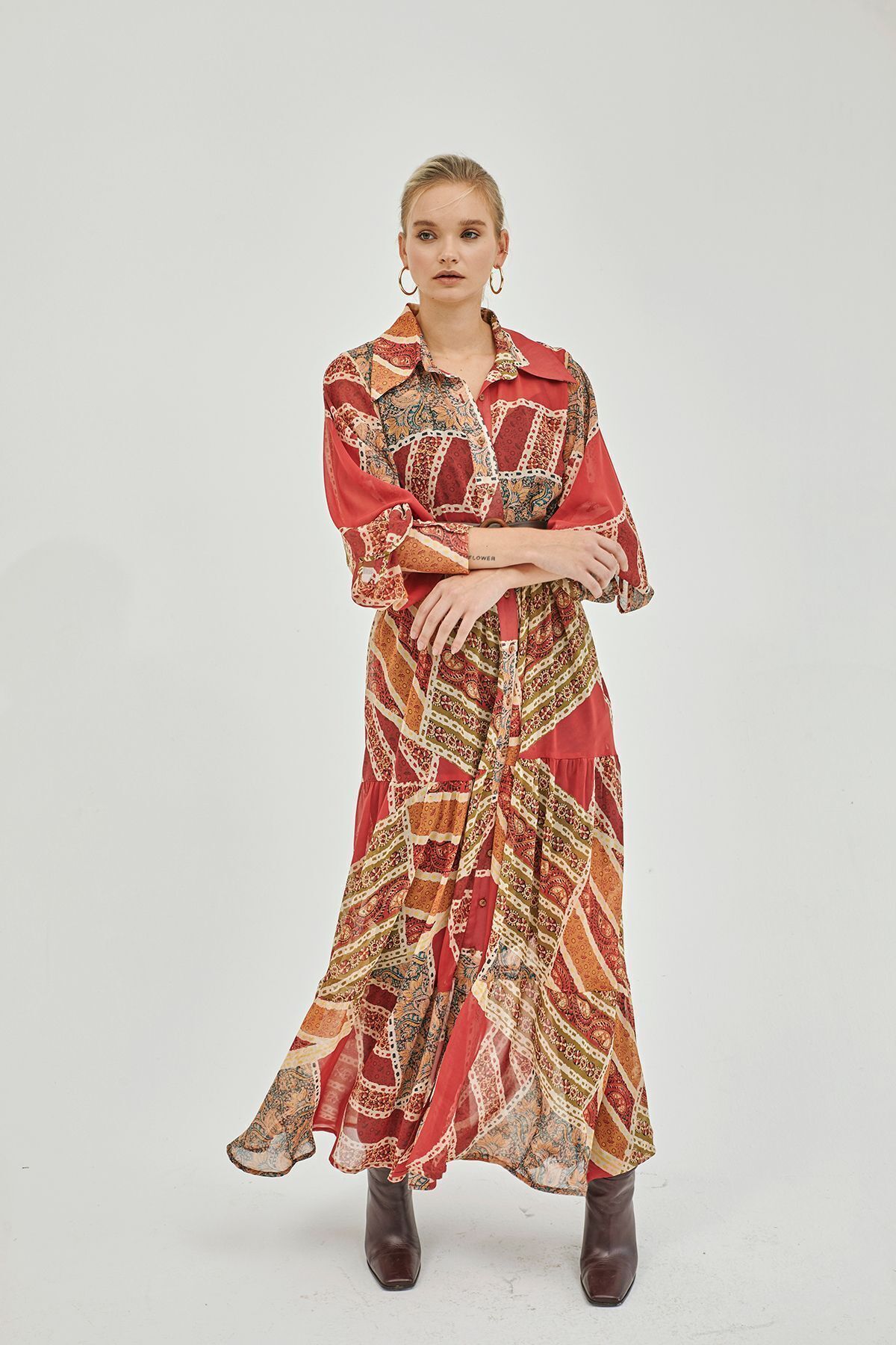 Pilea-My Elina Patch Print Front Button Belted Chiffon Dress 6