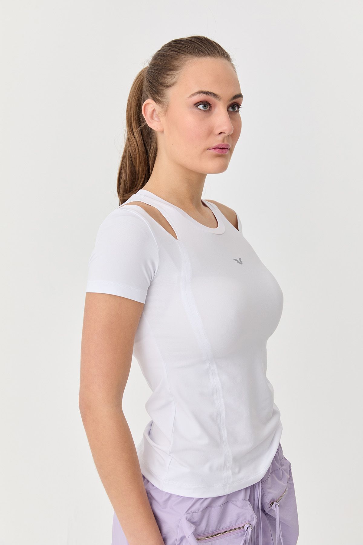 bilcee-White Soft Texture - Short Sleeve Women's Body T-Shirt with Flexible and Back/Shoulder Detail 9723 3