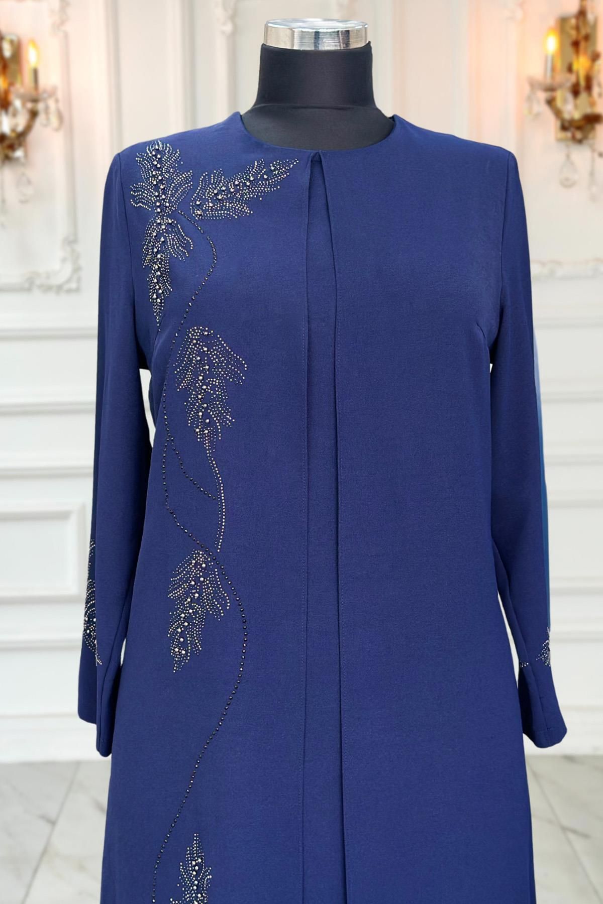 Amine Hüma-Navy Blue Crocus Hijab Evening Dress 2