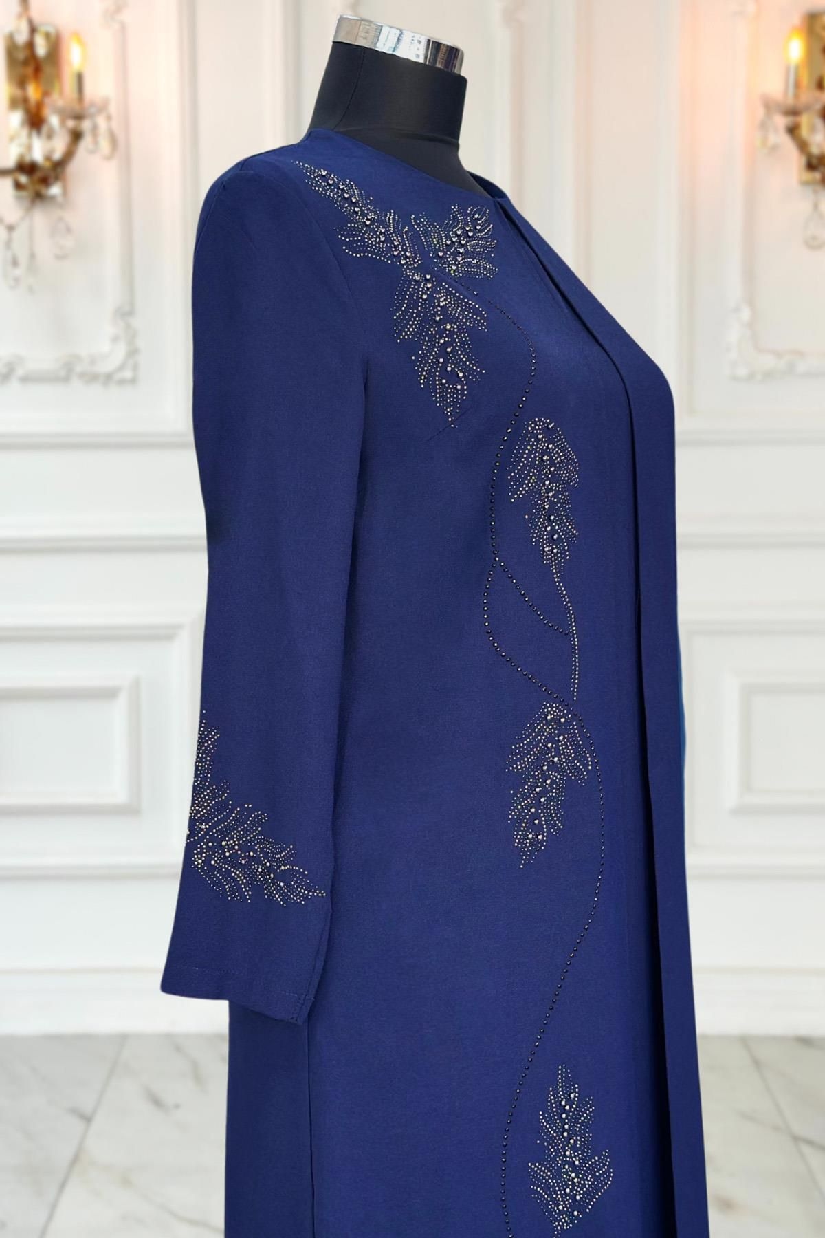 Amine Hüma-Navy Blue Crocus Hijab Evening Dress 3