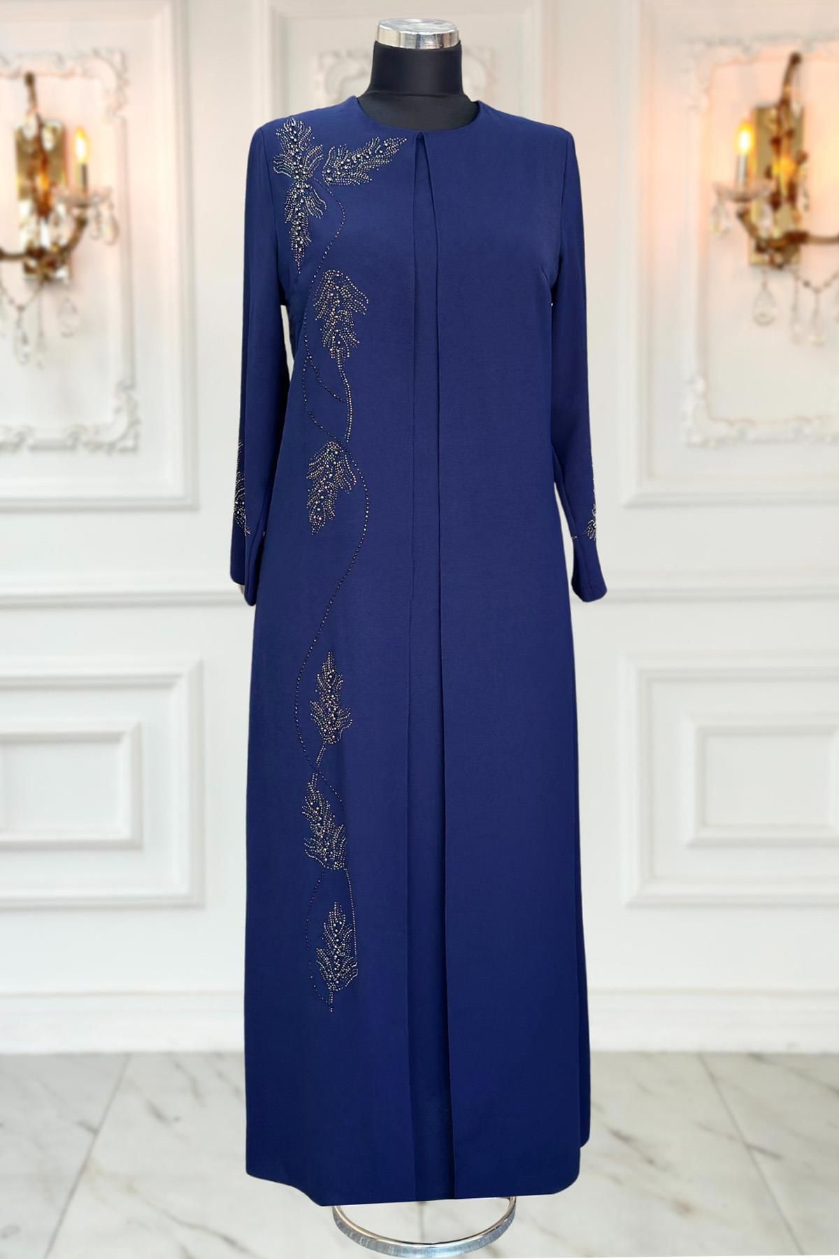 Amine Hüma-Navy Blue Crocus Hijab Evening Dress 1