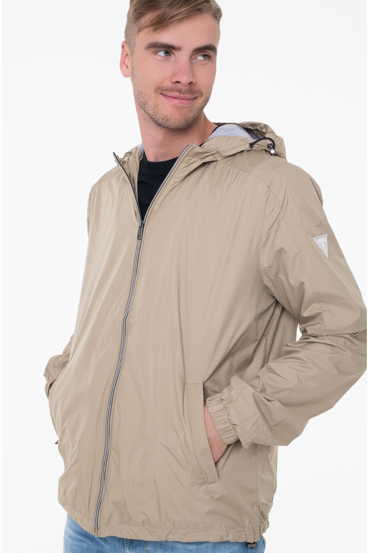 Guess-Men's Hooded Collar Lined Beige Jacket with Elastic Sleeves M4Gl08 Wg3B2-F13E 2
