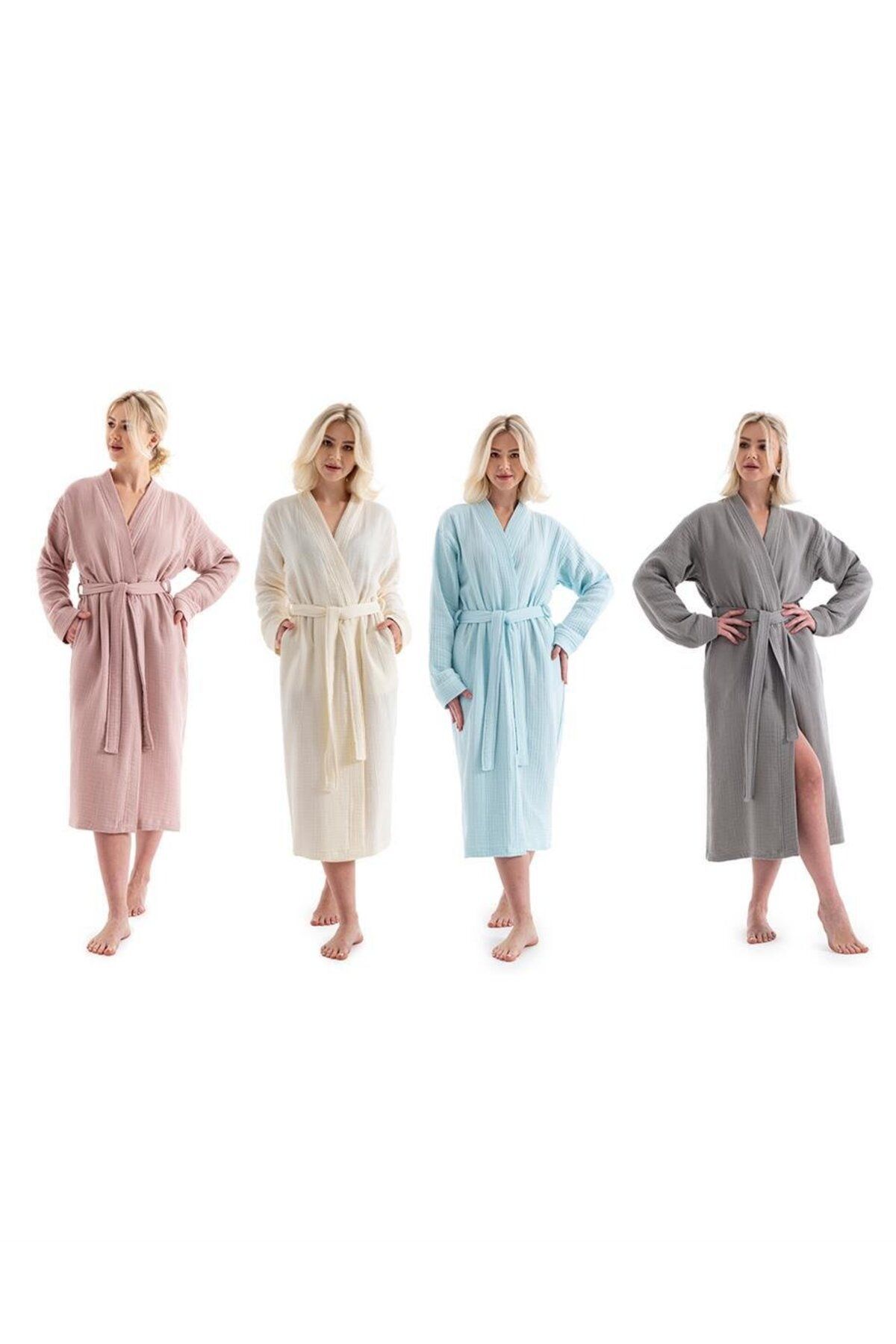 Denizli Concept-Powder Color Unisex Kimono Muslin Bathrobe and Towel Set 8