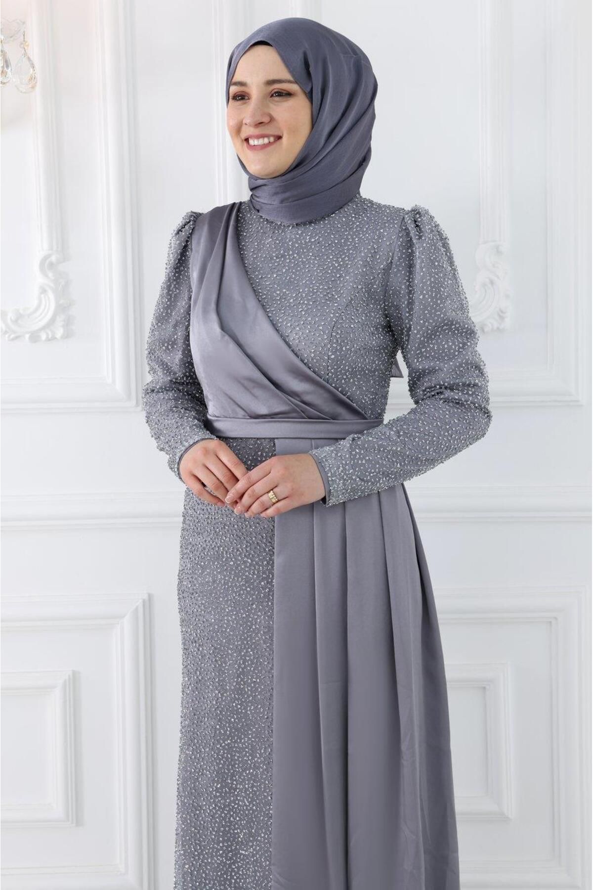 Amine Hüma-Gray Hijab Evening Dress - Ecmel 2